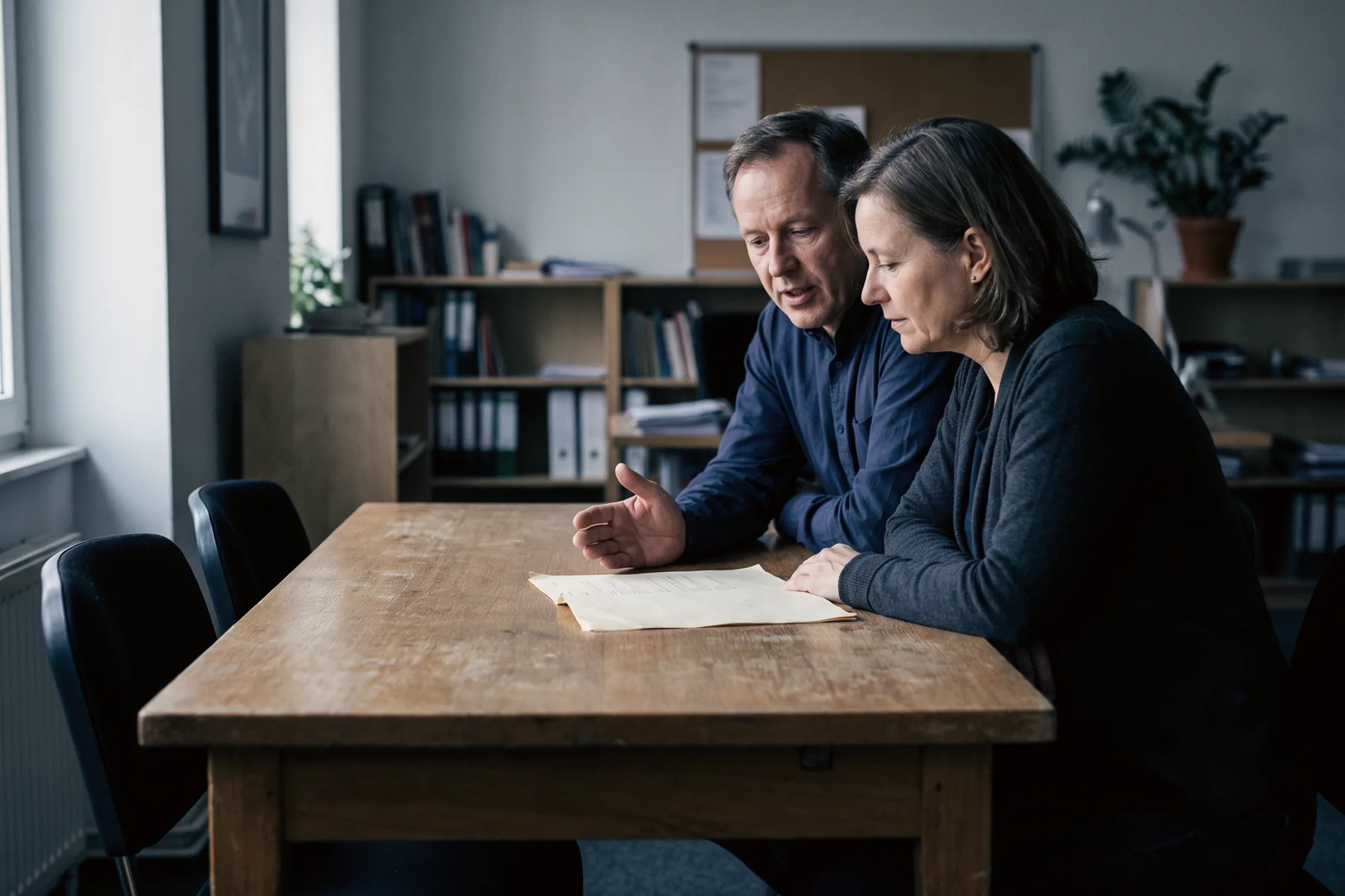 Two colleagues sitting side by side, both reading the same sheet of paper, one explaining.