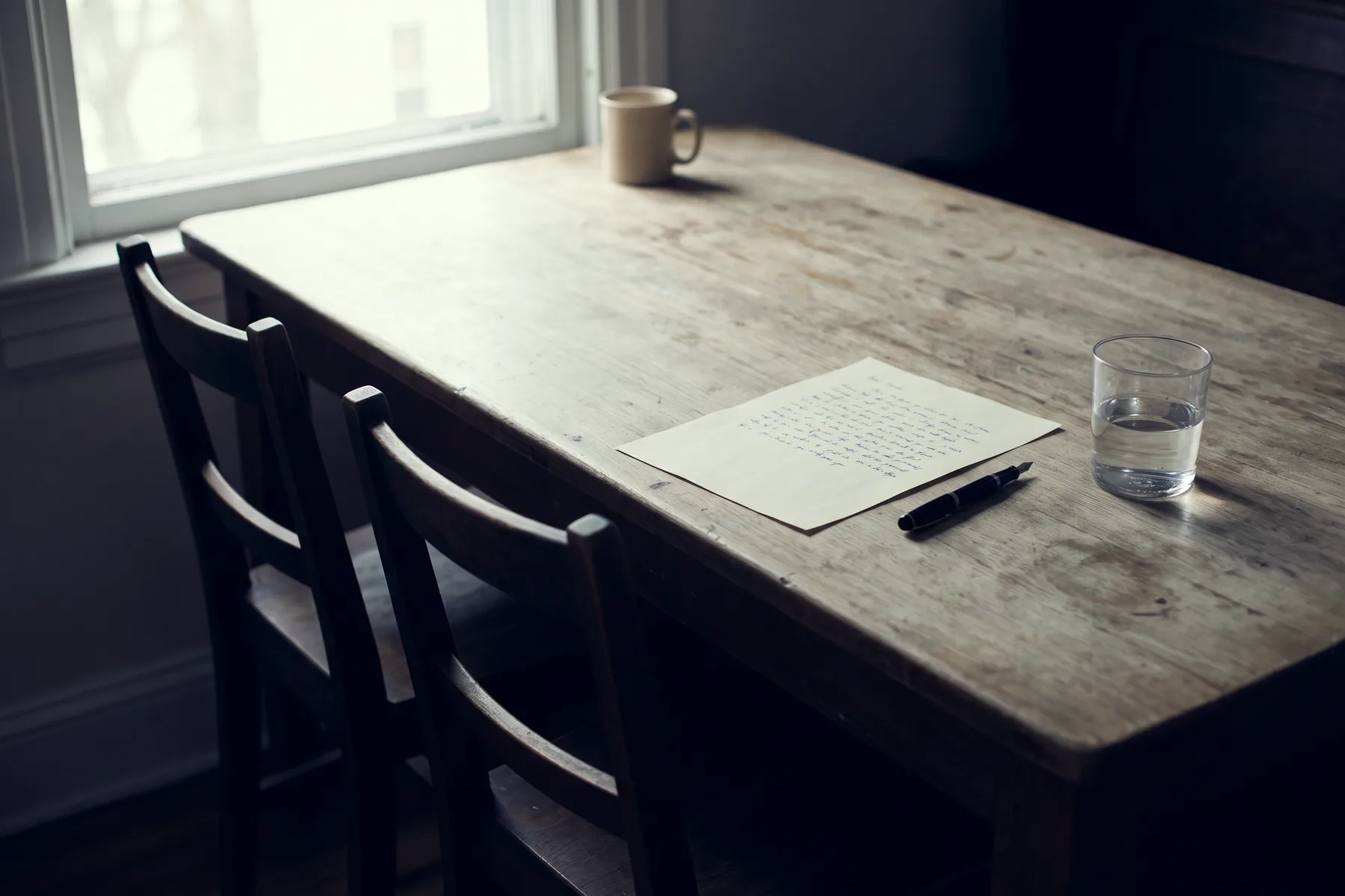 A handwritten plan on a table with a pen beside it, and two chairs pulled in on the same side.