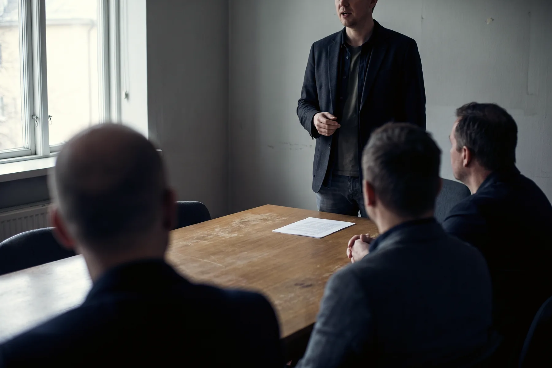 A person standing to pitch to three colleagues seated along one side of a meeting-room table.