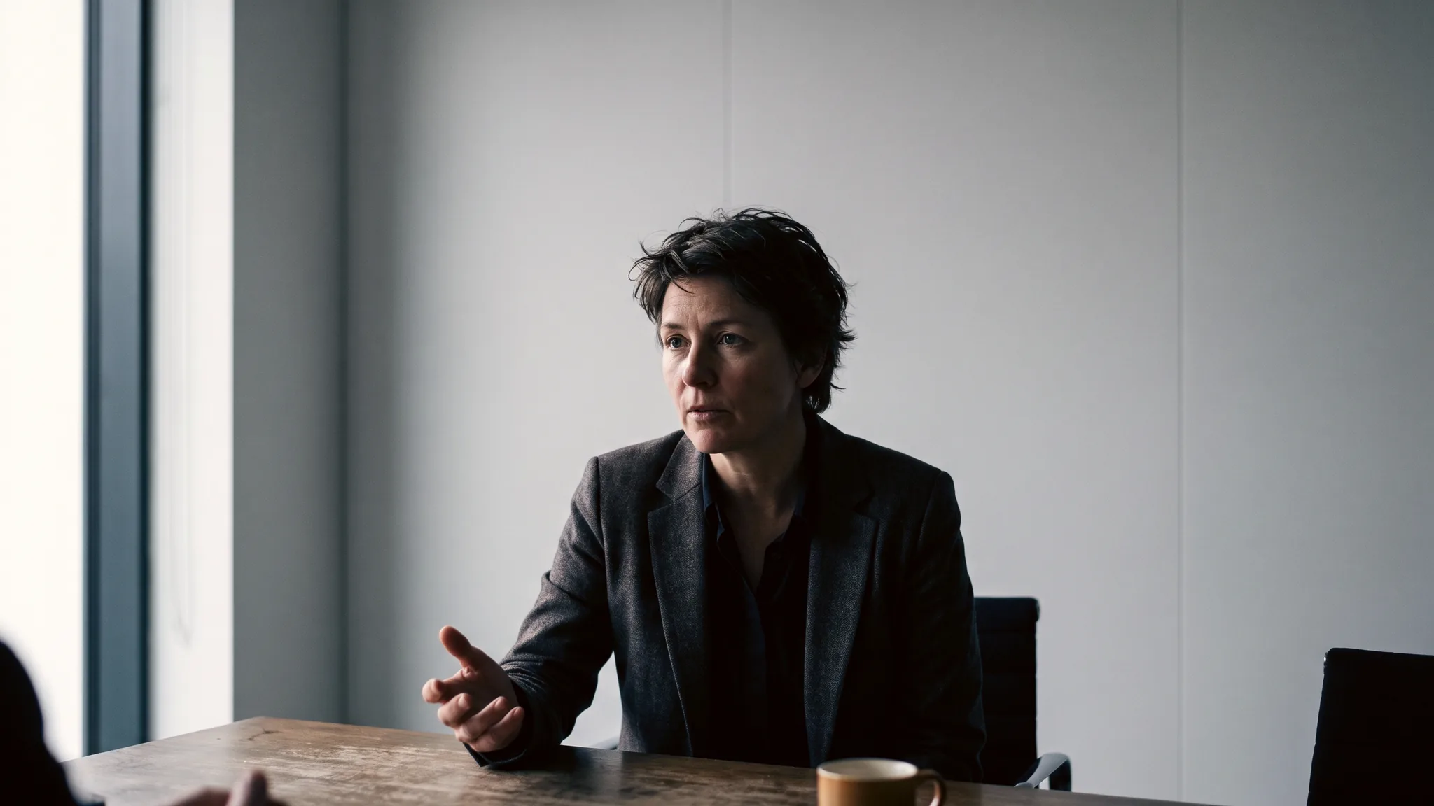 A woman mid-sentence at a meeting table, one hand raised in gesture, lit by a window.