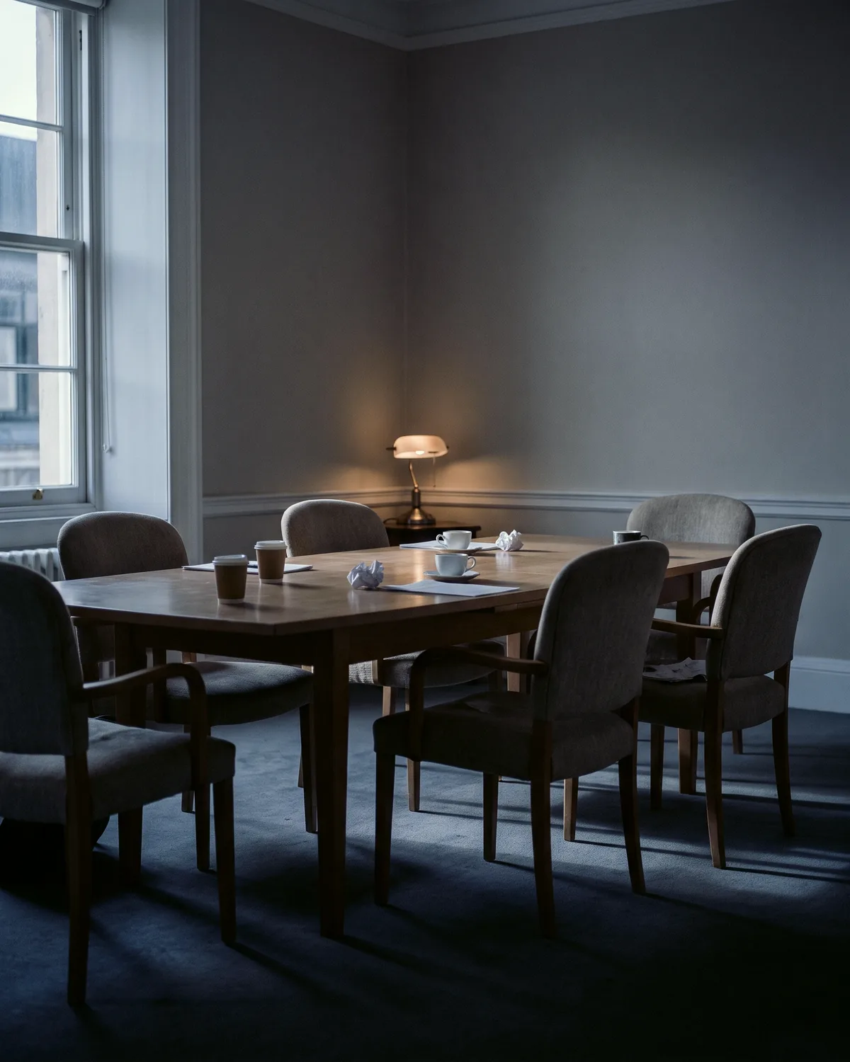 An empty meeting room after a meeting, chairs pushed back, one lamp lit on the table.